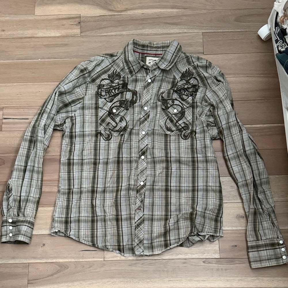 Guess green Plaid Button-Down Shirt with Embroidered Chest Art